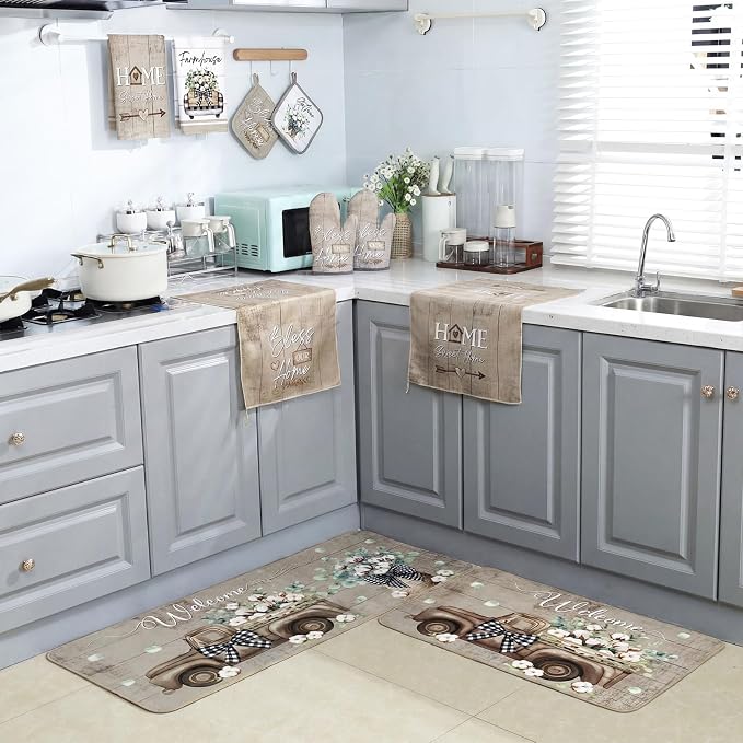 Fourluoo 10 Pcs Farmhouse Eucalyptus Leaves Kitchen Decor Set Bless Our Home Towels Rugs Oven Mitts and Pot Holders Set for Cooking Baking Grilling Gift