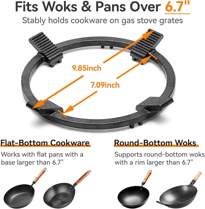 WANGYUANJI 8.3" Cast Iron Wok Ring for Gas Burner - Universal Stove Adapter for Round Bottom Woks, Heavy Duty Non-Slip Support Rack Fits 6.7" Cookware, Stable & Heat-Resistant Stove Grate Stand
