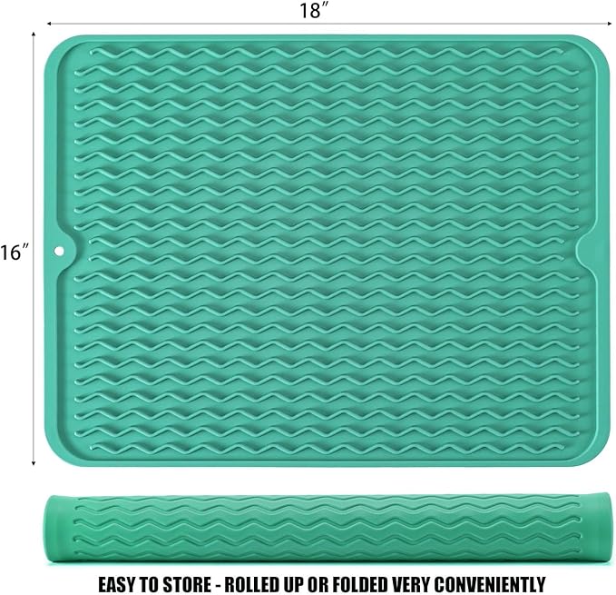 Silicone Dish Drying Mat, Non-Slip Easy Clean Sink Mat, Green, 18" x 16" | Quick-Dry Ridges, Large Heat-resistant Dish Drainer Mat for Kitchen Counter, Hangable & Roll-Up for Storage, Dishwasher Safe