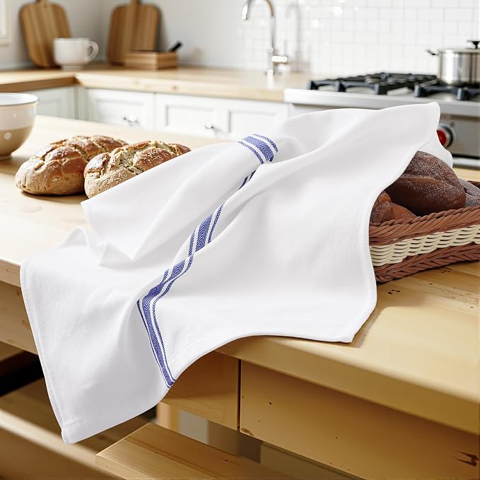Homaxy 100% Ring Spun Cotton Kitchen Towels 8 Pack, Blue Stripe | 15 x 25 Inch, Highly Absorbent Dish Towels for Kitchen Drying, Reusable Cleaning Cloths, Soft Tea Towels with Hanging Loop