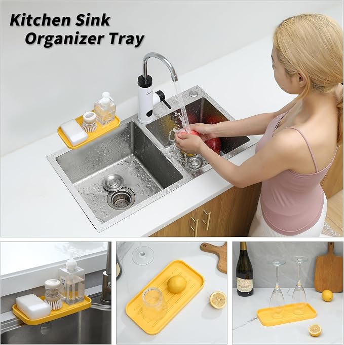 MicoYang Silicone Kitchen Sink Organizer Tray for Multiple Usage,Easy Clean,Eco-Friendly Sponges Holder for Kitchen Bathroom Counter or Sink,Dish Soap Dispenser,Scrubber,Bottle,Cup Yellow 10”x 5.3”