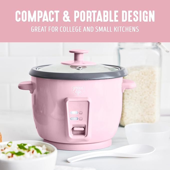 GreenLife Rice Cooker, 3-Cups Uncooked/6-Cups Cooked, Pink | PFAS-Free Ceramic Nonstick Removable Pot, One-Switch Design, Grains Multicooker, Keep Warm, Dishwasher Safe Parts, Easy Clean