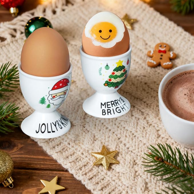 Cinf Christmas Ceramic Egg Cups, Set of 2, Boiled Egg Holders for Breakfast | Set of 2 ceramic egg cups, festive Christmas design, easy to clean, ideal for boiled eggs, breakfast and table