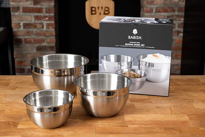 Babish 3-Piece Stainless Steel Mixing Bowl Set – Nesting Metal Bowls for Baking, Cooking, and Meal Prep – Durable & Dishwasher Safe