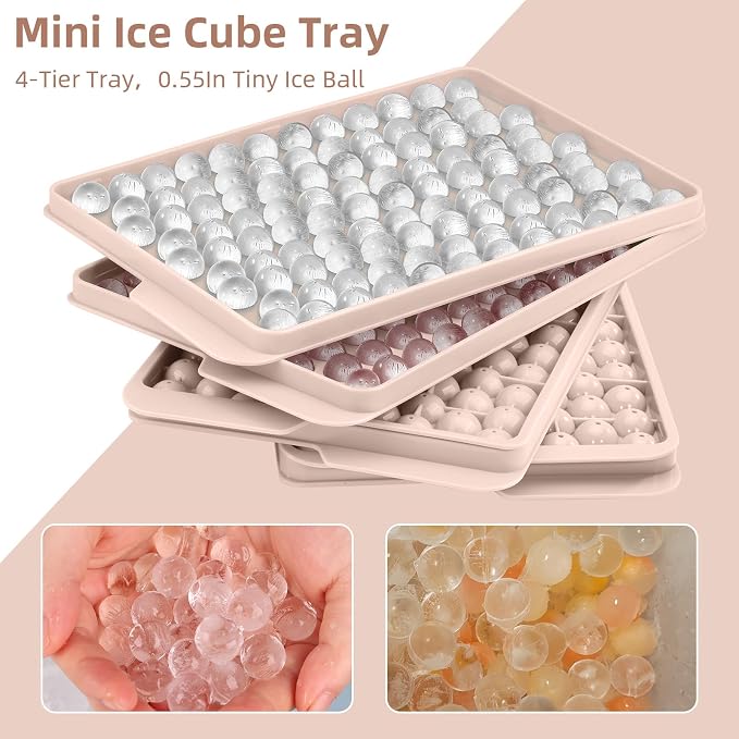 Mini Ice Cube Trays for Freezer with Lid, 0.55" Pebble Ice | 4 Trays-Pink, with Ice Box & Scoop. for Iced Coffee, Bottles, Juice & Everyday Drinks, Easy Twist Release, Stackable