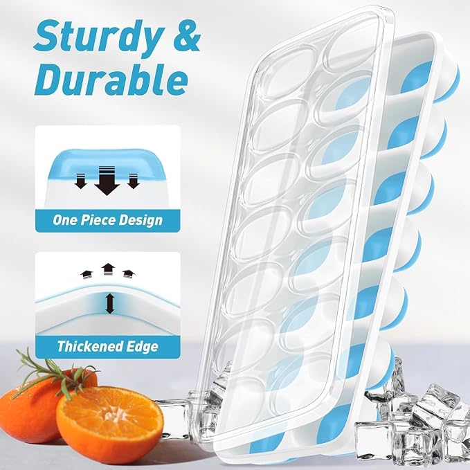 ChefAide Ice Cube Tray with Lid and Bin, 3 Packs 42 Cubes Silicone Plastic Ice Cube Trays for Freezer, Stackable Ice Tray with Container, Ice Scoop for Drinks, Coffee and Cocktails