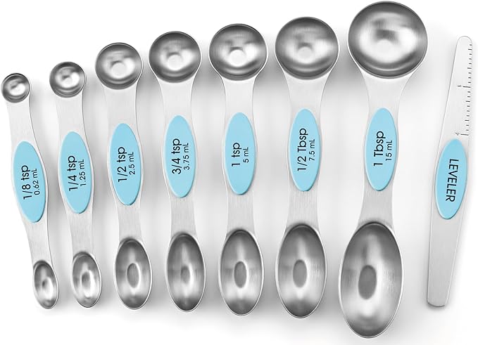Spring Chef Stainless Steel Magnetic Measuring Spoons Set of 8, Aqua Sky | Nesting Metal Teaspoon & Tablespoon Measuring Spoons with Leveler for Dry & Liquid Ingredients, Dual Sided, Dishwasher Safe