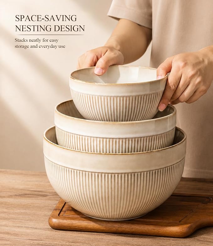 GBhome Ceramic Mixing Bowls Set of 3, Stoneware Nesting Serving Bowls | 45/90/150 oz For Prep, Baking, Serving, Gift, Microwave and Dishwasher Safe, Ribbed Dishware Collection,Cappuccino