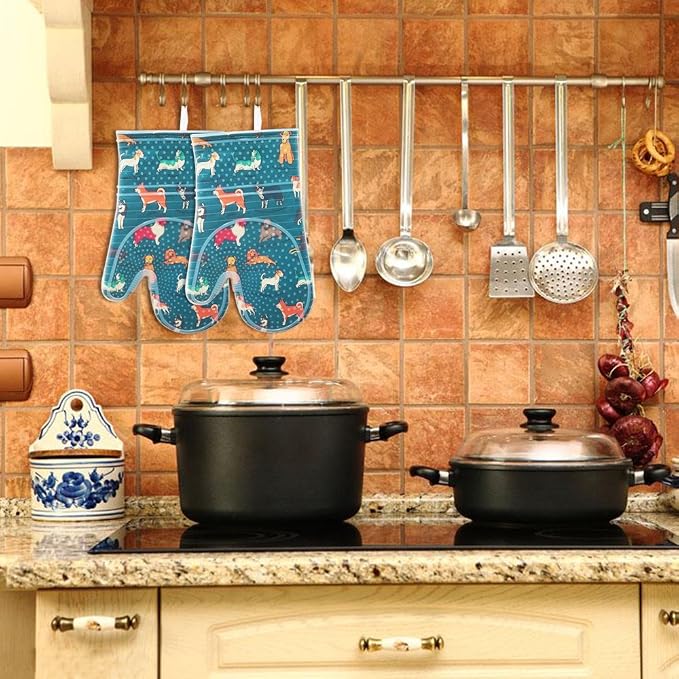 Oven Mitts with Transparent Clear Silicone Shell and Nice Dog Printing | Potholders Cotton Lining Set of 2, Heat Resistant to 500 F Kitchen Oven Gloves for Cooking (Blue Dog, Potholders)