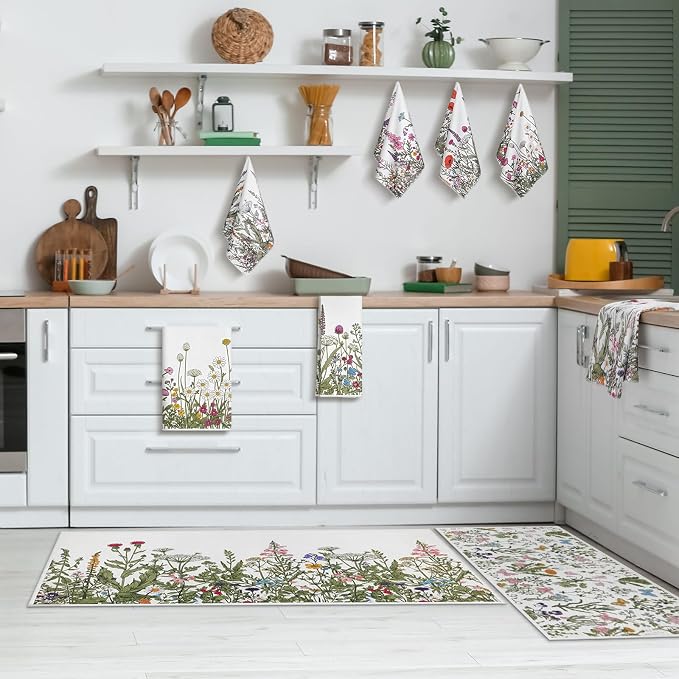 Fanfanwin 10 Pcs Wildflower Kitchen Decor Set Floral Kitchen Towels and Rugs Pot Holders Oven Mitts Spring Dishcloths Fast Drying Decorative Set for Baking Cooking Gift