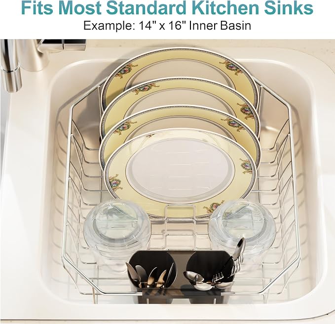 Small in Sink Dish Drying Rack - Stainless Steel for RV Kitchen | Compact Design, Rust-Resistant, Angled Corners Fit Square & Round Sinks, Removable Utensil Holder, Cup Hooks, 13.1"W x 14.4"L
