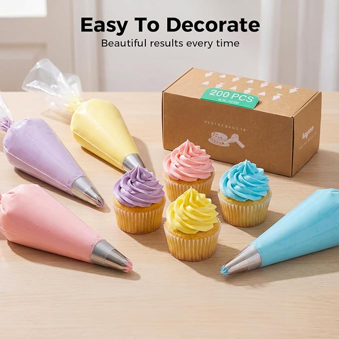 18-Inch Heavy-Duty Disposable Piping Bags, 200 Pack – Extra Thick Smooth Pastry Bags with Easy-Pull Dispenser Box for Cake Decorating, Buttercream Frosting, Cookie Icing & Baking Supplies