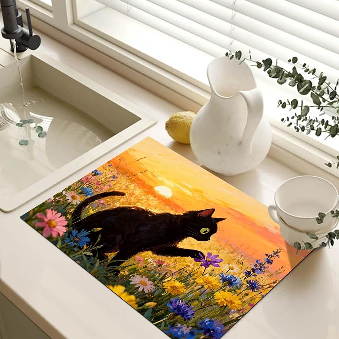 HOMETITUTE Spring Stove Top Covers for Electric Stove 28x20 Inches Black Cat Sunset Wildflower Heat Resistant Glass Cooktop Protector Pad Decorative Stovetop Cover Dish Drying Mats for Kitchen Decor