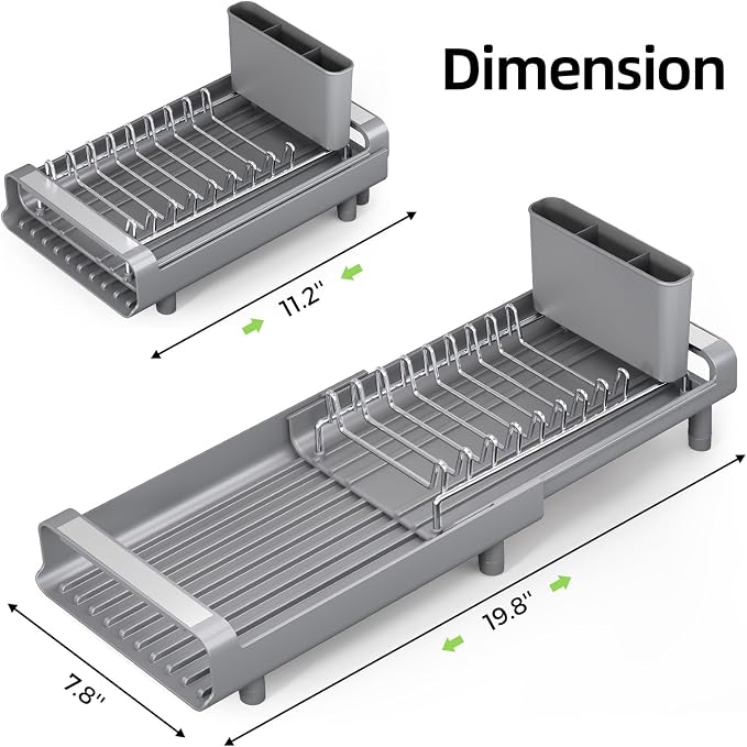 TOOLF Small Dish Drying Rack, Expandable and Space-Saving, Gray | Mini Dish racks for kitchen counter, Compact Design Fits Sink or Counter, Stainless Steel Plate Rack, 11"-19.3"L×7.7"W×3.54"H