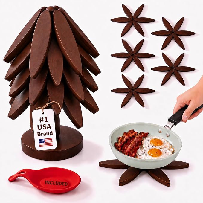 MINARAI-Wooden Trivets for Hot Dishes,5-Pads,Silicone Spoon Holder Included | Protects Countertops From Hot Pots, Pans And Teapots. Top Holiday Gifts