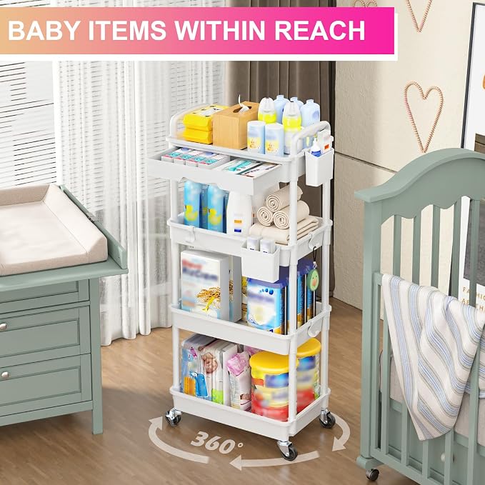 Goovilla 4 Tier Rolling Utility Cart Organizer with Removable Drawer, White | Stable and Sturdy Rolling Storage Carts with 2 Lockable Wheels for Bathroom, Kitchen, Snack, Craft, Makeup, Baby Essentials