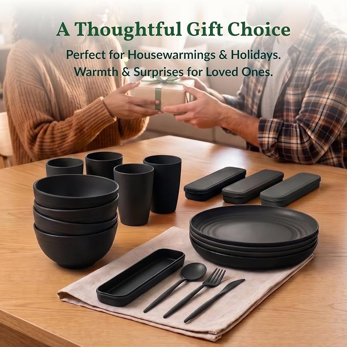28 PCS Unbreakable Plates and Bowls Set Wheat Straw Dinnerware Sets Microwave & Dishwasher Safe Lightweight Camping Dishes Set for 4 - Dinner Plates, Plastic Bowls, Kitchen Cups (Black)