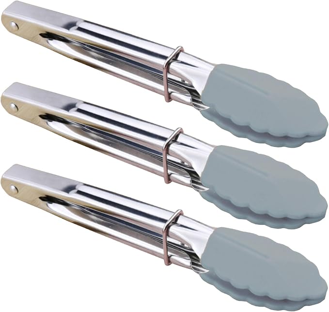 HINMAY 7 Inch Silicone Utility Tong Kitchen Tongs, Set of 3 (Gray) | 7 Inch Metal Salad Tongs