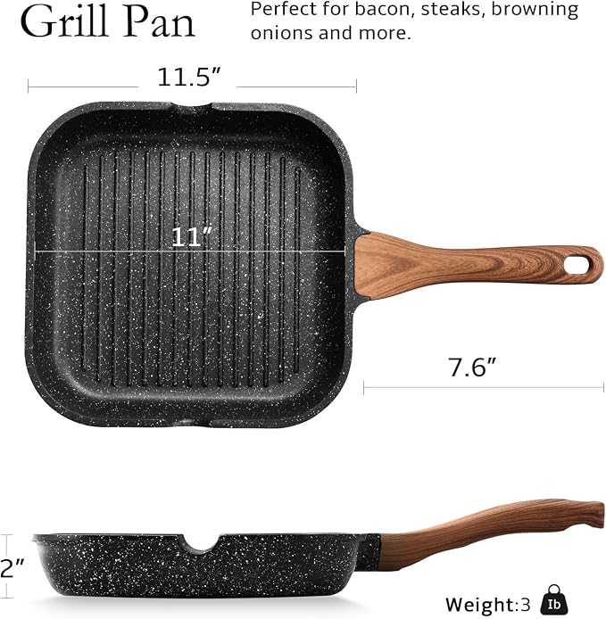 ESLITE LIFE Nonstick Grill Pan for Stove Tops, Versatile Griddle with Pour Spouts, 11 Inch Square Big Grilling Skillet Steak Pan for Indoor & Outdoor Cooking, PTFE & PFOA Free, Black