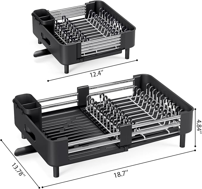 Urackify Extendable Stainless Dish Drying Rack for Kitchen Counter, Black | 13.78"W x 18.7"L, Foldable Drainboard for Space Saving, Knife and Utensil Holder, Fast-draining Spout