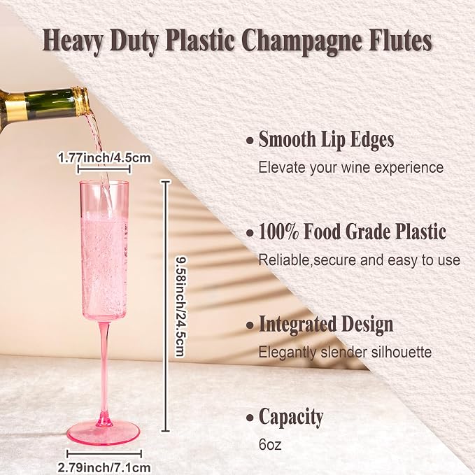 Ciaell 24 Pack Pink Plastic Champagne Flutes for Weddings Birthdays | 6 oz Pink Square Toasting Cups, Heavy Duty Plastic, Champagne Wine Mimosas Cocktails for Anniversaries Parties Baby Showers