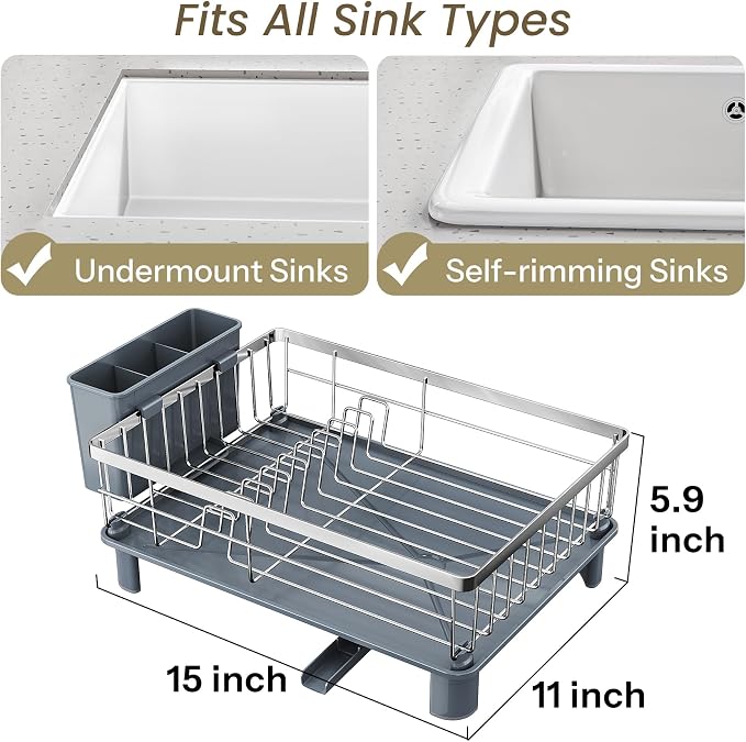 SNTD Dish Drying Rack for Small Kitchen Counter, 11" W x 15" L, Silver | Space Saving, Rotating Spout & Angled Drainboard for Quick Drainage, Stainless Steel, Removable Utensil Holder