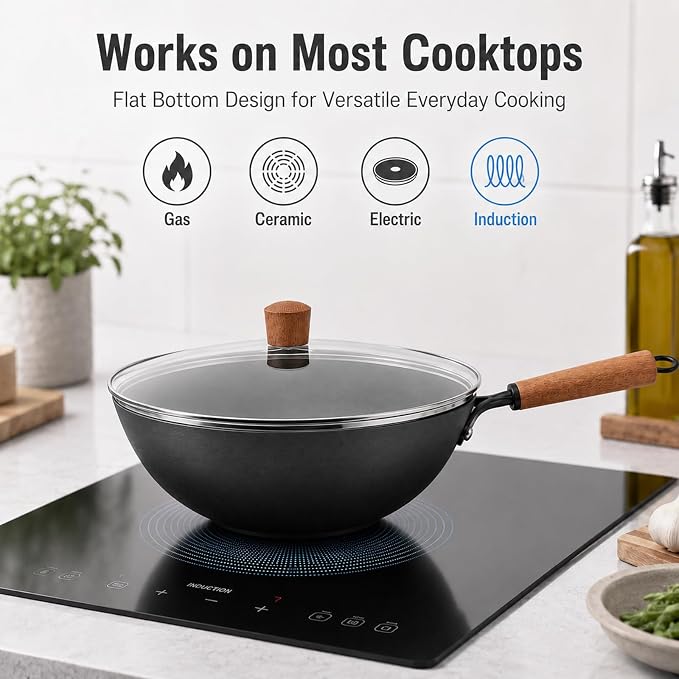 Carbon Steel Wok with Glass Lid, 12.6 Inch Flat Bottom Stir Fry Pan, Rolled Edge Spun Wok Pan, Coating-Free Wok for Induction, Gas & Electric Cooktops, 3–4 Servings
