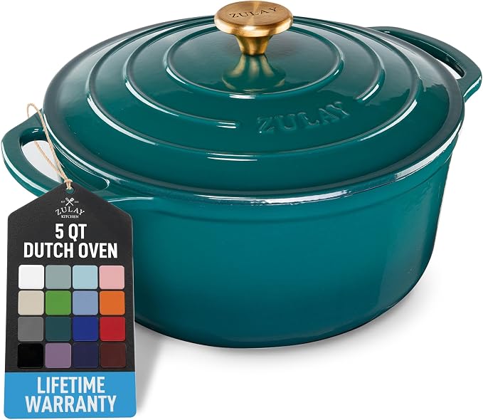 Zulay Kitchen 5 Quart Enameled Cast Iron Dutch Oven Pot with Lid – Premium Durability & Oven Safe up to 500°F – Heavy Duty Cookware Perfect for Bread Baking, Stews, Braising & Roasting – Emerald
