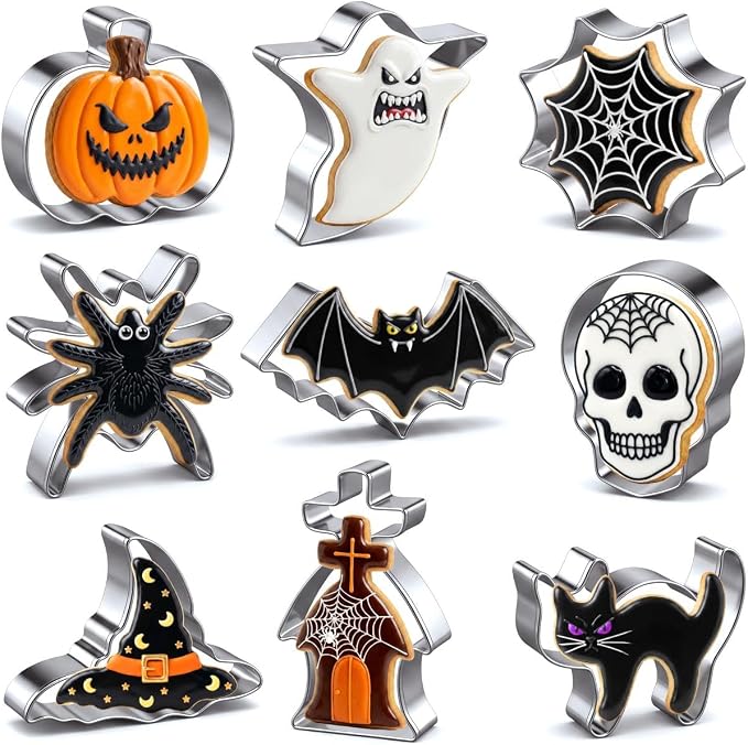 Halloween Cookie Cutters Set 9 Pieces, Metal Cookie Cutters Shapes - Bat, Ghost, Pumpkin, Cat, Witch's Hat, Spider, Spider Web, Skull, Tombstone, Stainless Steel Biscuit Molds for Party Decorations
