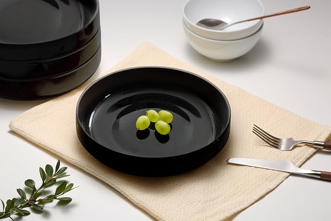 KooK Pasta Bowl, Bowl Plate, Low Bowl, Plate Bowls, Ceramic Large Shallow Bowls, Microwave and Dishwasher Safe, Great for Soups and Salads, Glossy Porcelain, 47 oz, Set of 4, Black