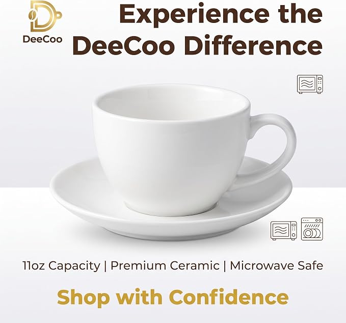 DeeCoo 11 oz White Cappuccino Mug- Large Ceramic Coffee Cup with Saucer - Microwave and Dishwasher Safe, Perfect For Tea, Espresso, Latte - Porcelain Set for Kitchen or Cafe, Baristas, Great Gift