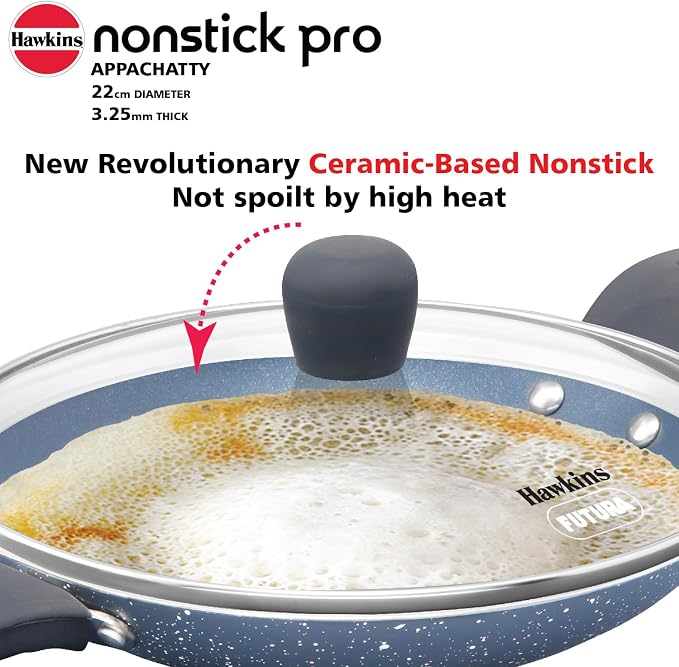 Hawkins Nonstick Pro 0.9 Litre Appachatty, Mini Kadhai, Appachatti, Appachetty, Appam Pot Maker, Deep Fry Pan with Glass Lid, Granite Kadai