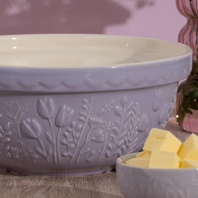 Mason Cash In the Meadow S24 Mixing Bowl, 2.15 Quart Mixing Bowl, Embossed Floral Tulip Design, Durable Ceramic Bowl for Baking Bread Dough, Cake Batter, Cookies & Kitchen Serving Bowl