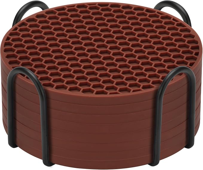 TWTLi Silicone Coasters Set of 8 with Holder — Non-Slip Drink Coasters for Coffee Table, Home Bar & Kitchen, Protects Wood & Marble Surfaces from Water Rings, Dishwasher Safe (Brown)