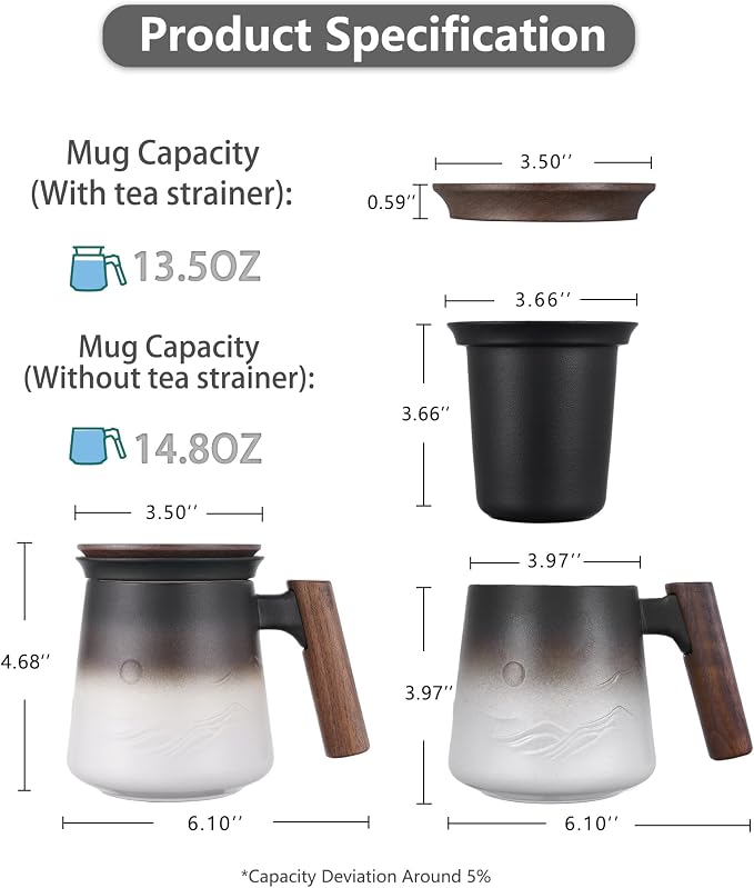 ZENS Tea Infuser Mug with Lid for Loose Tea Steeper, 14.5oz White | Embossed Ceramic Tea Cup with Infuser for Herbal Tea Difussers, Tea Lovers Gifts, Modern Organic Wood Handle