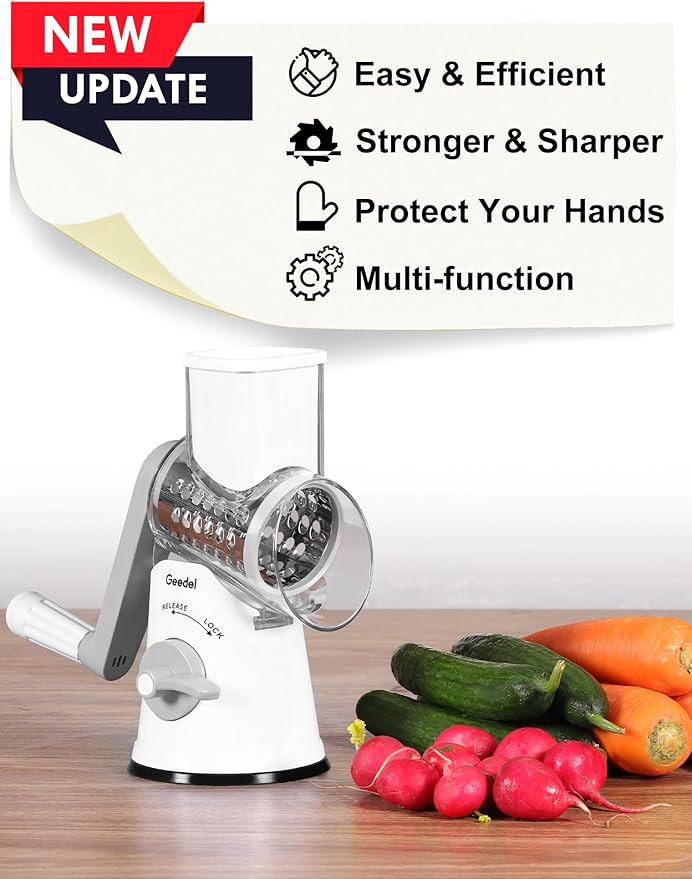 Geedel Rotary Cheese Grater Hand Crank, Cheese Shredder Vegetable Slicer | 5 Blades, 430 Stainless Steel, 12x Fast Cutting, Strong Suction Base, No BPA, Dishwasher Safe, for Cheese, Veggie, Nut