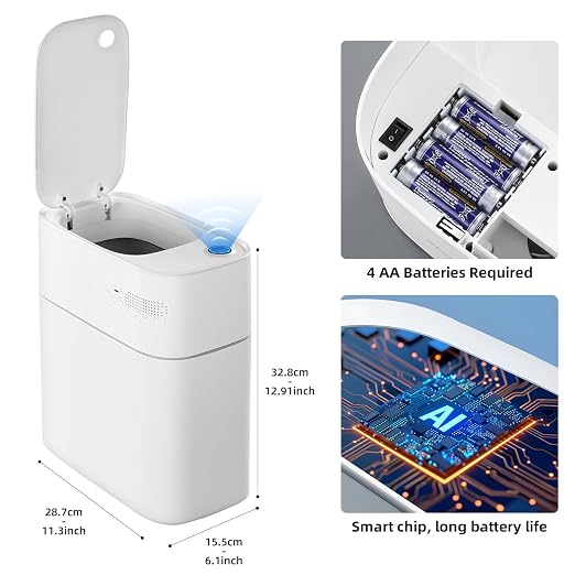 JUDRDO 3.5 Gal Slim Touchless Bathroom Trash Can, Automatic Diaper Pail | Motion sensor opening, automatic liner suction, slim profile for bathrooms, bedrooms, offices, kitchens and nurseries