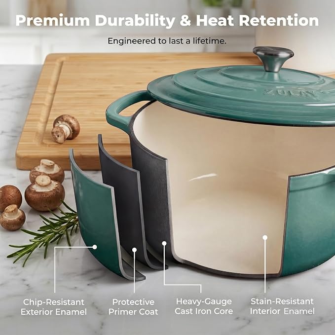 Zulay Kitchen 6.4QT Enameled Cast Iron Dutch Oven Pot with Lid, Heavy-Duty Soup Pot for Stews, Braising, Roasting & Sourdough Bread Baking, Oven Safe up to 500°F - Aventurine