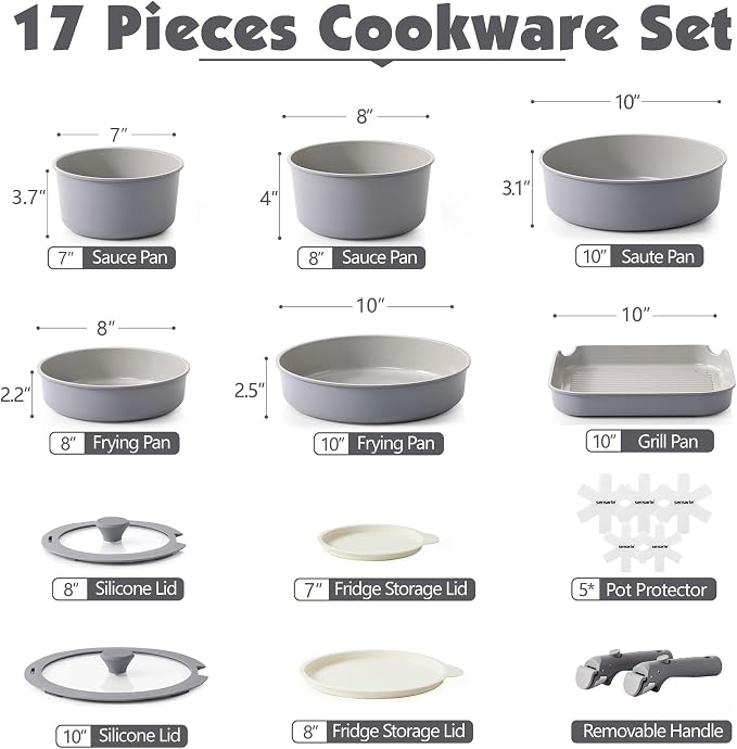 SENSARTE 17 Piece Ceramic Detachable Handle Pots and Pans Set Gray | Ceramic Cookware Set, Induction Cookware Set with Removable Handle, Healthy Non Stick for RV, Dishwasher ＆ Oven Safe