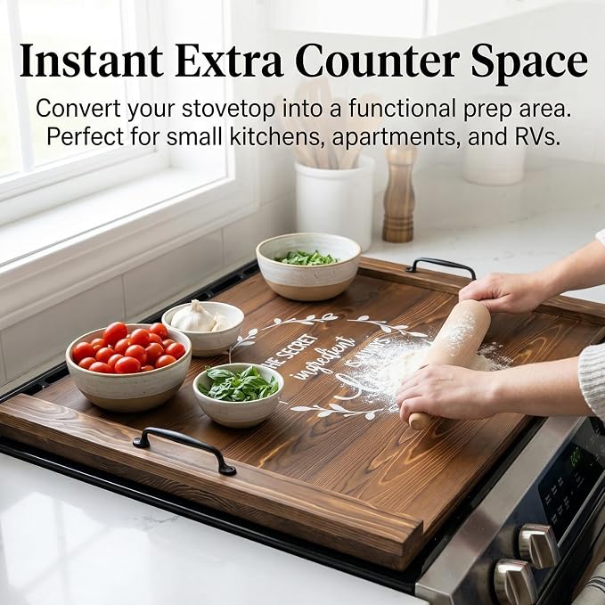 Noodle Board Stovetop Cover with Handles, Sink Wood Block Covers for Electric & Gas Stove, RV Stove Burner, Farmhouse Decorative Wooden Tray for Kitchen-The Secret Ingredient is Always Love