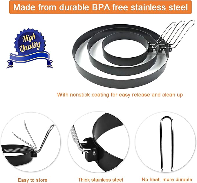 4 Inch Stainless Steel Egg Ring, 6 Inch Non Stick Pancake Ring, 8 Inch Omelet Ring, 3 Pack Egg Poacher Fried Round Egg Cooker Maker Mold for English Muffins with Oil Brush and Egg Separator