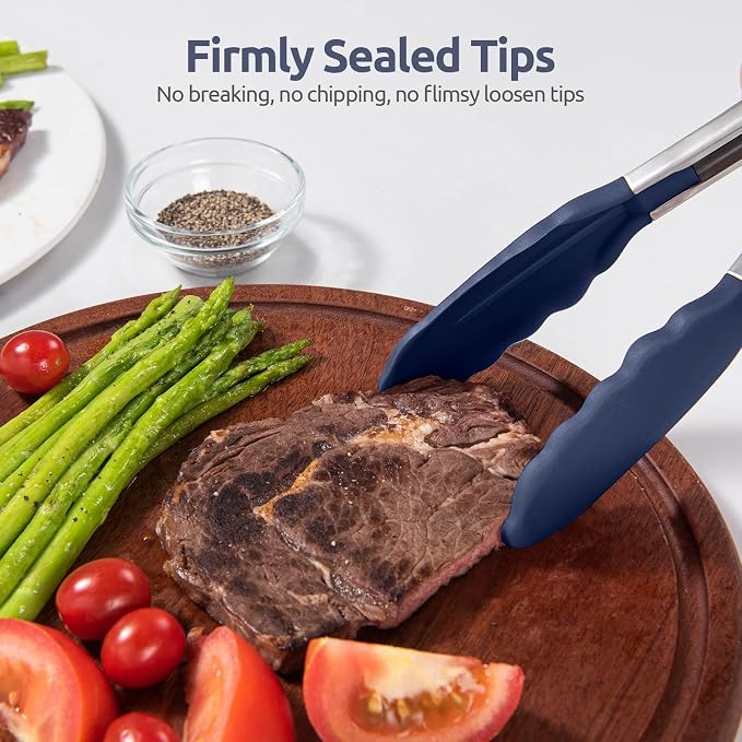 U-Taste Kitchen Tong for Cooking, 600ºF Heat-Resistant, 9in/Midnight Blue | Rubber Tong for Serving Food, Salad/Grill/BBQ/Steak/Pasta Silicon Tongs, 18/8 Stainless Steel Handle & Smooth Locking
