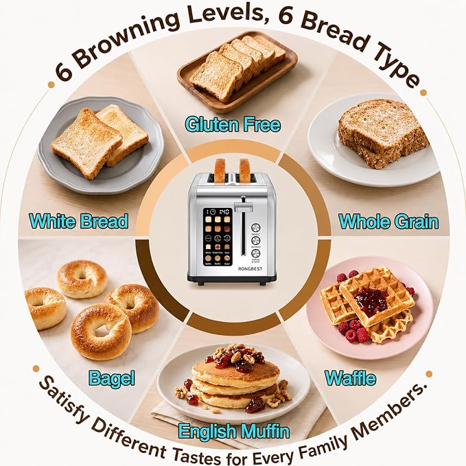 2 Slice Touch Screen Toaster with Wide Slots Stainless Steel Toasters for Family Breakfast, Even Toasting for Bagels & Bread, Reheat & Defrost, Easy Removable Crumb Tray, Silver