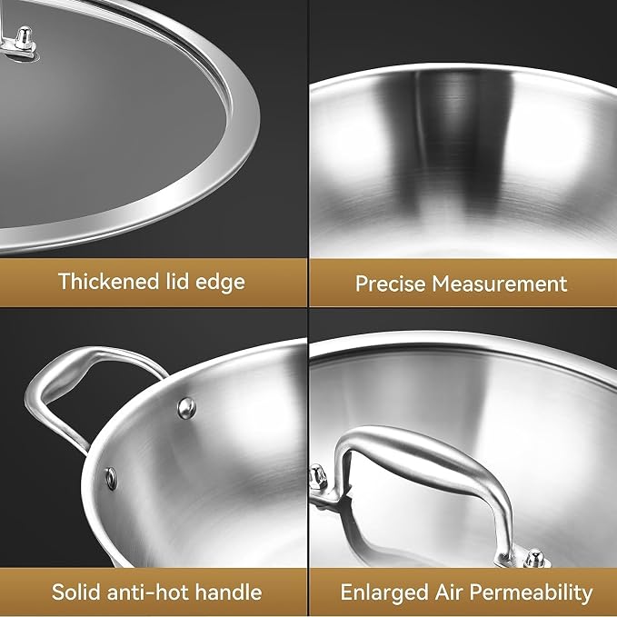 LOLYKITCH 11-Inch Stainless Steel Wok with Lid | 3.5-Quart | Dual Handles | Small | Uncoated Tri-Ply Stir Fry Pan | Everyday Cooking Wok for Induction | Flat Bottom | PFOA-FREE | 2-3 Servings ﻿