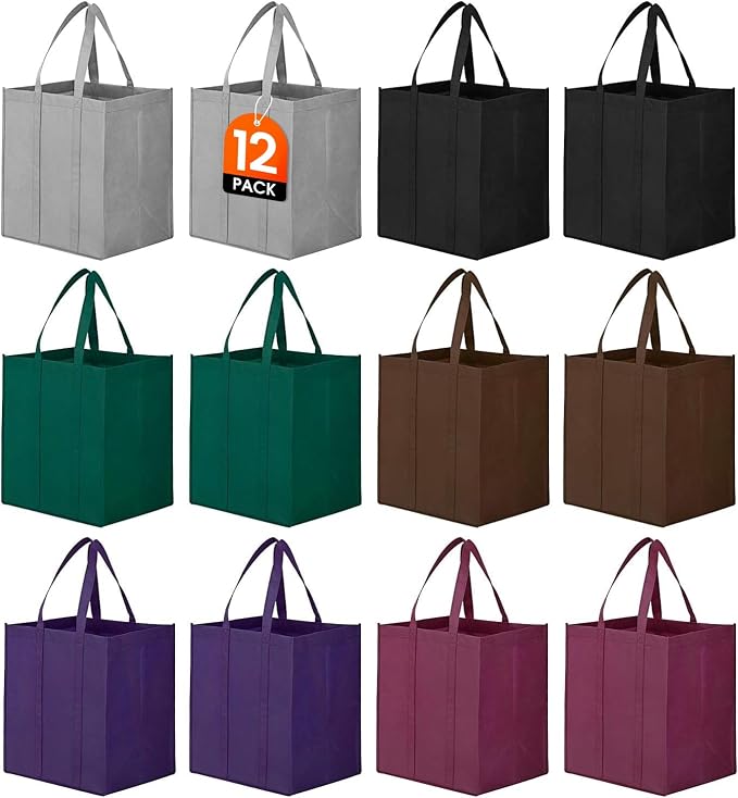 12 Pack Reusable Grocery Shopping Bags Large Foldable Tote Bags Bulk | Eco Produce Bags with Long Handle for Shopping Groceries Clothes (6 Assorted Colors)
