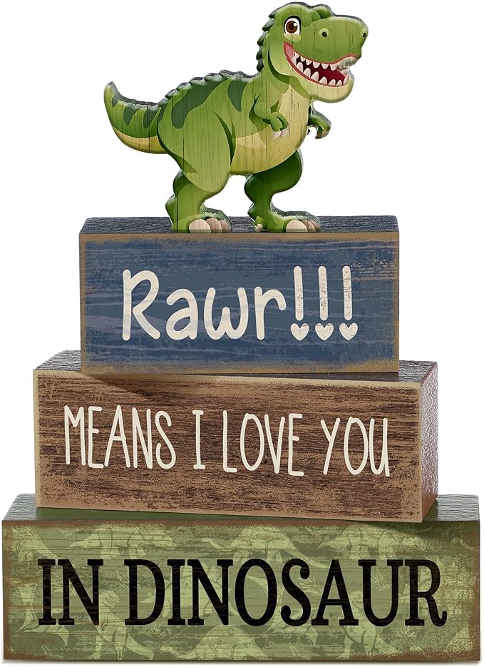 Lineshading 4 Pcs Dinosaur Table Decorations Wooden Dino Safari Party Decor | Rustic Tabletop Decorations for Home, Dinosaur Themed Signs, Tiered Tray Filler, Back to School Decor, Beach Style Accents
