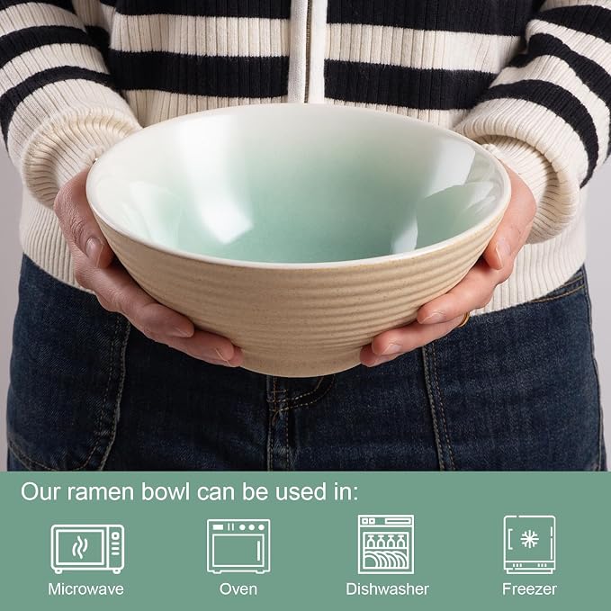 Ceramic Japanese Ramen Bowl Set, 2 Sets Asian Pho Udon Soup Noodle Bowls with Spoons and Chopsticks (Green, 8 inches)