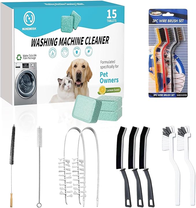 Washer Machine Cleaner Tablets 15 Pcs + Dryer Vent Cleaner Kit 12 Pack | Crevice Cleaning Brush for Bathroom, Shower & Kitchen, All-in-One Multi-Surface Scrubbing Brushes,Formulated for Pet Owners