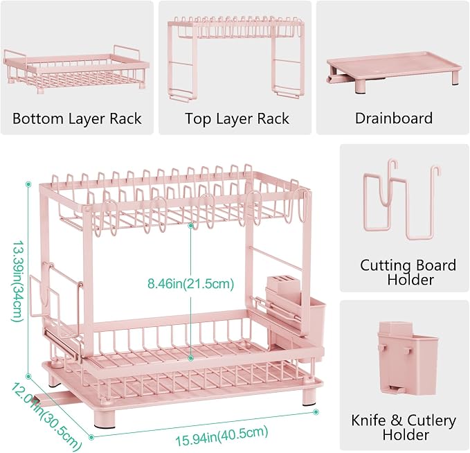 2-Tier Dish Drying Rack for Kitchen Counter, Space-Saving, Pink | Rustproof Carbon Steel, Auto Drain Spout, Space-Saving Dish Rack with Drainboard, Utensil & Cup Holders, Countertop Organizer