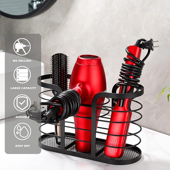 YIGII Blow Dryer Holder, Adhesive Wall Mount Bathroom Organizer, Black | Hot Tool Storage for Hair Dryers and Electric Shavers, Space-Saving Design with No Drill Installation for Bathroom Counters